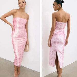 LoveShackFancy Stasia Sequin Floral Strapless Pink Cocktail Midi Dress NEW